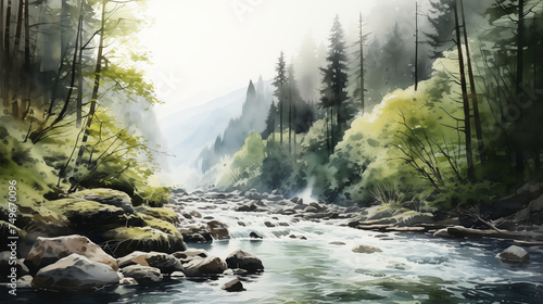 Amidst a verdant forest  a tranquil stream cascades gently over smooth rocks  framed by hazy mountain silhouettes in the distance. Watercolor painting illustration.