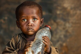 Portrait of an African child with a plastic water bottle. Generative ai