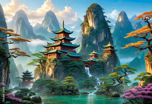 Eastern Fantasy Landscape  Fictional  Dreamlike  Imaginary  Magical  Enchanted  Unreal  Mythical  Surreal  Wonderland  Fairy Tale  Epic  Whimsical  AI Generated.