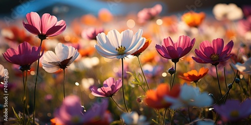 Field of Colorful Flowers Under Blue Sky Generative AI © j@supervideoshop.com