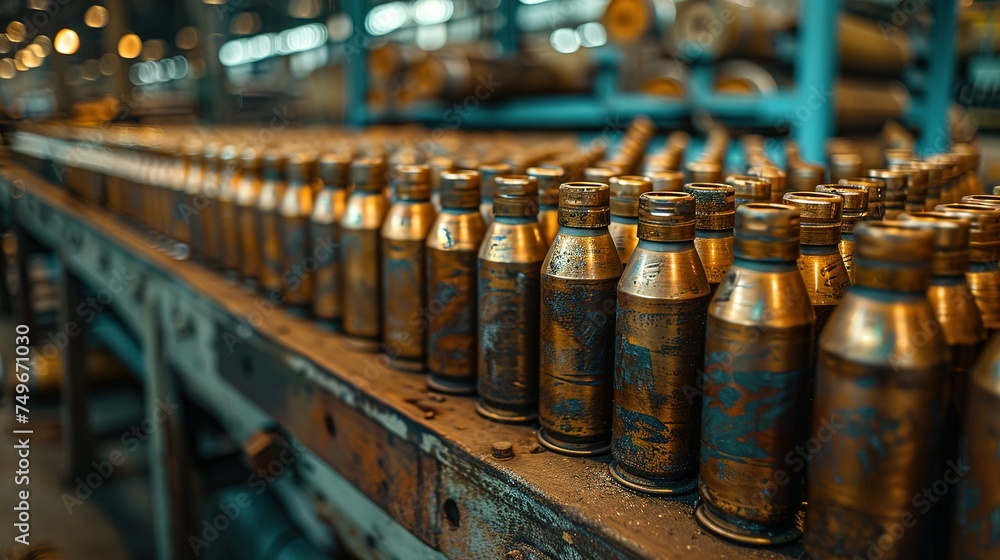 Many of new artillery shells are in military warehouse, metal munition in storage of weapons factory closeup. Concept of war, background, equipment, supply, production Many of new artillery shells are in military warehouse, metal munition in storage of weapons factory closeup. Concept of war, background, equipment, supply, production