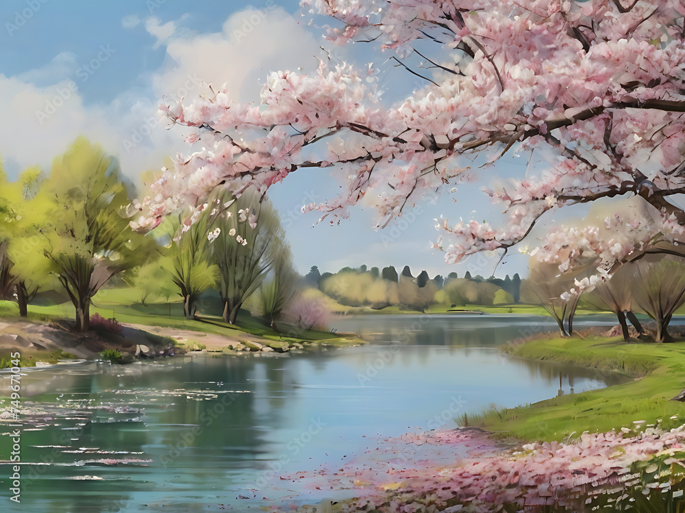 Panorama of beautiful spring landscape with blooming magnolia tree and lake. Horizontal digital painting Panorama of beautiful spring landscape with blooming magnolia tree and lake. Horizontal digital painting