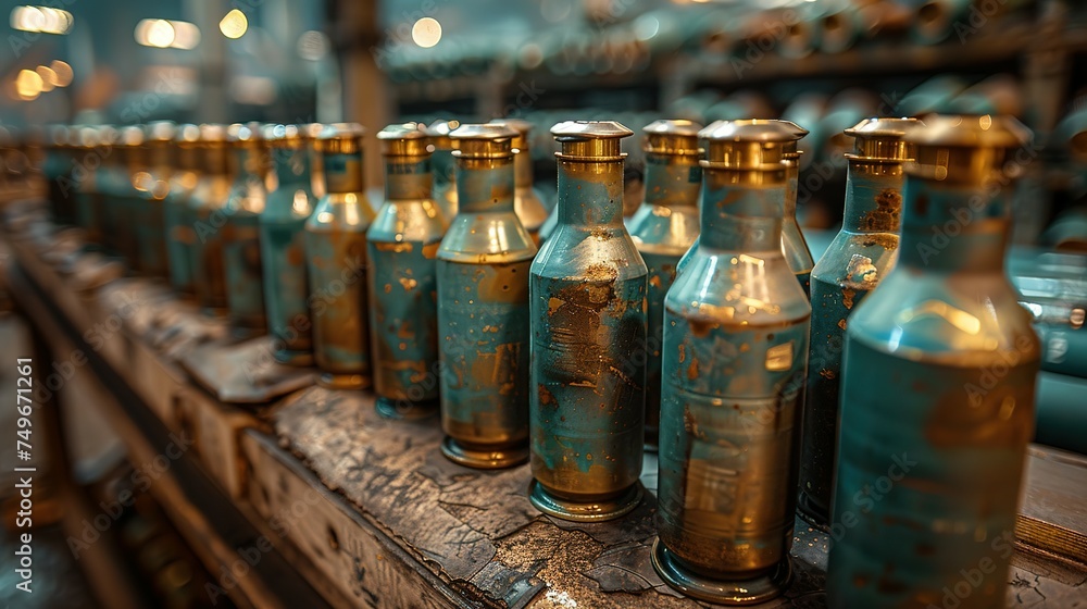 Many of new artillery shells are in military warehouse, metal munition in storage of weapons factory closeup. Concept of war, background, equipment, supply, production Many of new artillery shells are in military warehouse, metal munition in storage of weapons factory closeup. Concept of war, background, equipment, supply, production