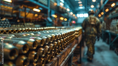 Many of new artillery shells are in military warehouse  metal munition in storage of weapons factory closeup. Concept of war  background  equipment  supply  production