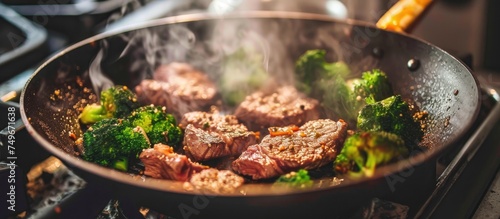 A wok filled with sizzling steak and fresh broccoli cooking on a stove. The meat is being seared to perfection while the broccoli is slowly steaming, creating a delicious aroma in the kitchen. photo