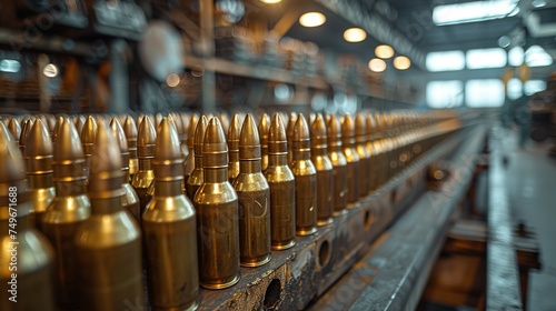 Many of new artillery shells are in military warehouse  metal munition in storage of weapons factory closeup. Concept of war  background  equipment  supply  production