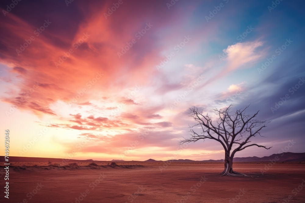 Lonely Tree Under Sunset Sky. Solitary tree against vibrant sunset. Lonely Tree Under Sunset Sky. Solitary tree against vibrant sunset.