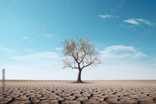A single tree stands alone in a stark, cracked terrain. Desolate Beauty: Solitary Tree in Barren Terrain