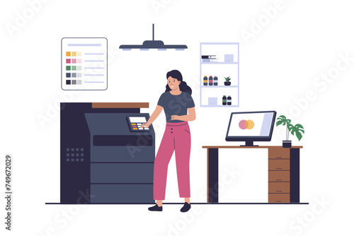 Vector of print copy with the machine. Vector flat illustration