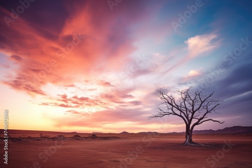 Lonely Tree Under Sunset Sky. Solitary tree against vibrant sunset.
