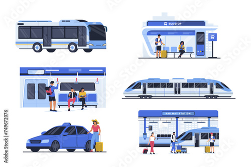 People in public transport. People travel by train, bus and subway, public transport interior, persons standing and sitting. Vector flat illustration