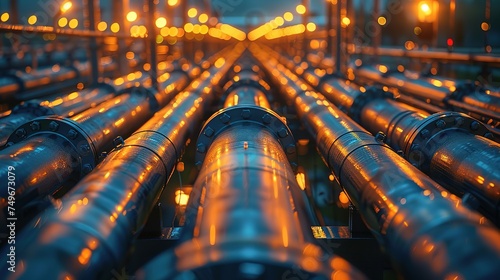 Pipeline and pipe rack of an oil, chemical, hydrogen or ammonia industrial plant. Distribution of liquid along the main pipeline. Close-up