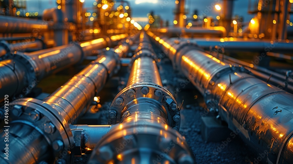 Pipeline and pipe rack of an oil, chemical, hydrogen or ammonia industrial plant. Distribution of liquid along the main pipeline. Close-up Pipeline and pipe rack of an oil, chemical, hydrogen or ammonia industrial plant. Distribution of liquid along the main pipeline. Close-up