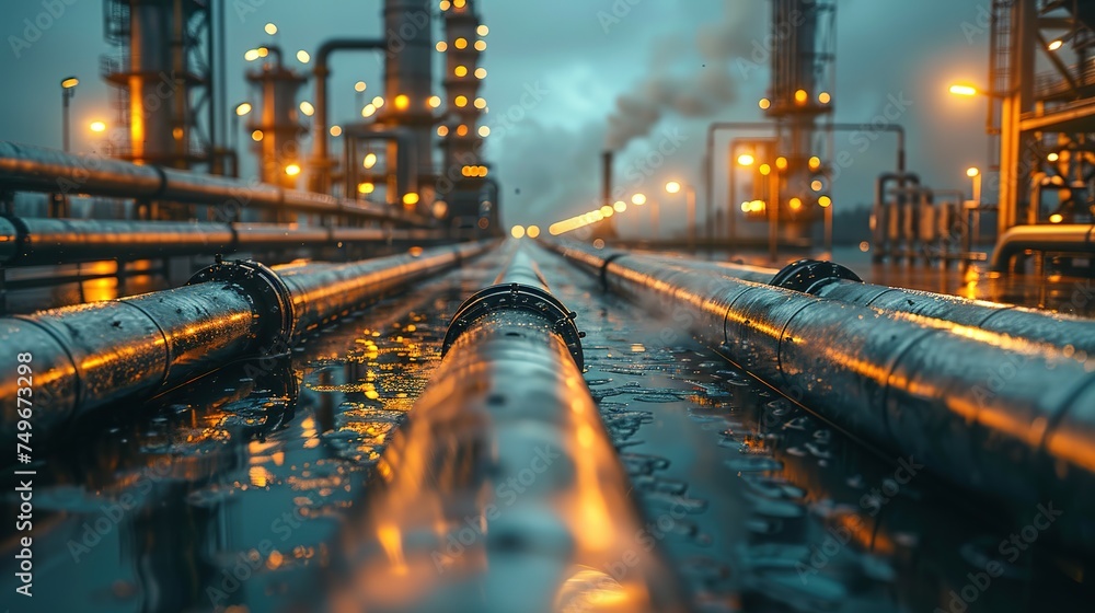 Pipeline and pipe rack of an oil, chemical, hydrogen or ammonia industrial plant. Distribution of liquid along the main pipeline. Close-up - obrazy, fototapety, plakaty 