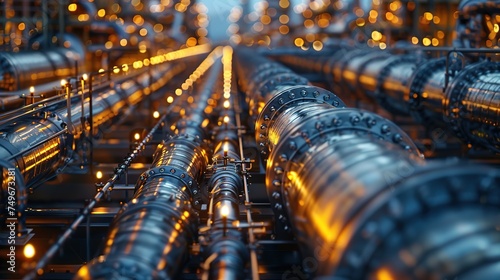 Pipeline and pipe rack of an oil, chemical, hydrogen or ammonia industrial plant. Distribution of liquid along the main pipeline. Close-up