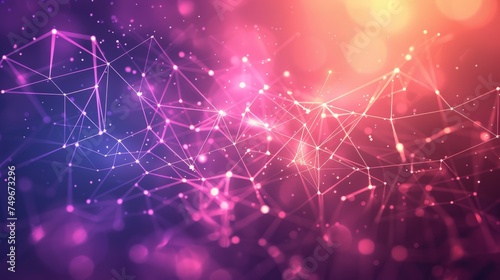 A vivid digital backdrop with interconnected nodes and lines in pink and purple hues, representing network and data concepts.