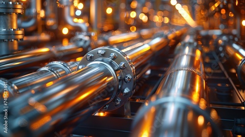 Pipeline and pipe rack of an oil, chemical, hydrogen or ammonia industrial plant. Distribution of liquid along the main pipeline. Close-up