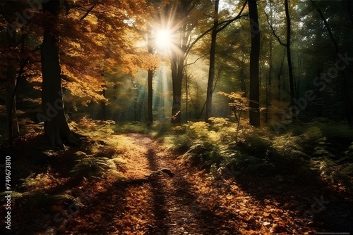 peaceful forest with rays of sun shining through the foliage