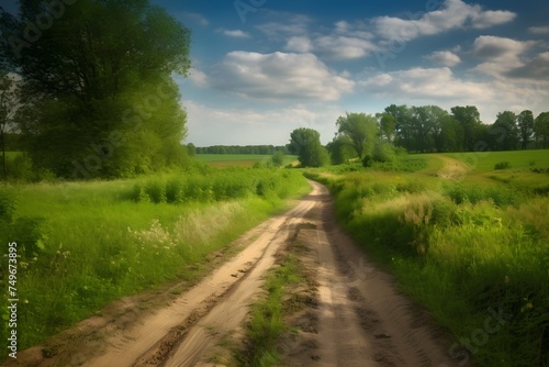 scenic dirt road running through a lush green field with blue sky above