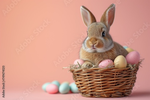 The Easter bunny sits in a basket along with painted Easter eggs in the studio on a uniform background in the color of the year with space for text. Concept for Easter greetings