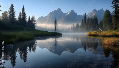 serene lake reflecting the majestic mountain range in the background