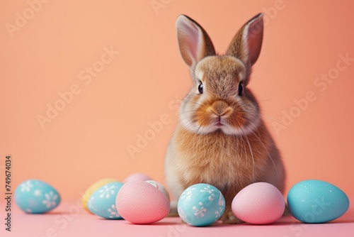 A cute Easter bunny poses in a studio against a pale peach-colored background with painted Easter eggs nearby. Place for text. Happy Easter concept
