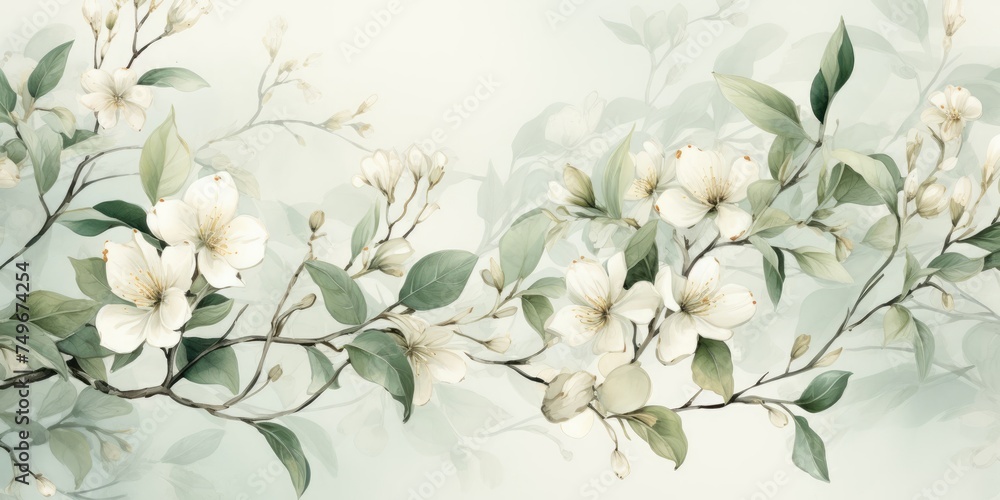 White Flowers and Green Leaves Painting Generative AI White Flowers and Green Leaves Painting Generative AI