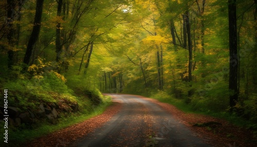 scenic road surrounded by vibrant green trees and leaves © VisualVanguard