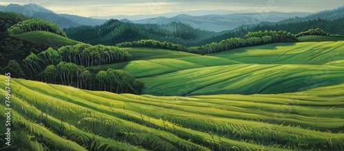 A painting depicting a vibrant green field with picturesque mountains in the background. The lush green fields extend towards the majestic mountains  creating a scenic view.