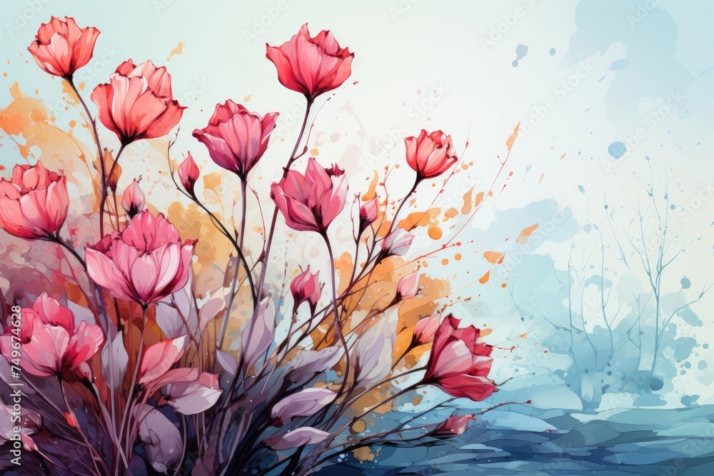 Pink Flowers Painting on Blue Background Generative AI