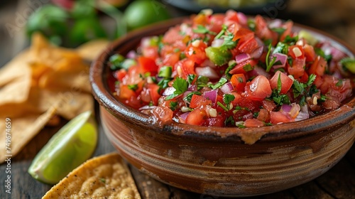 Red tomato spicy salsa with chips served with corn tortilla chips photo