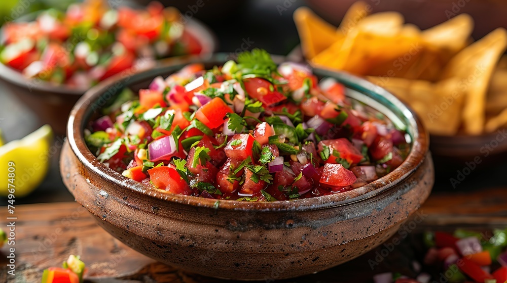 Red tomato spicy salsa with chips served with corn tortilla chips Red tomato spicy salsa with chips served with corn tortilla chips