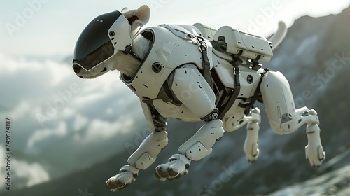a white robot dog with a black visor, hovering with an anti-gravity backpack