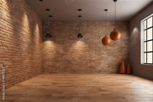 Photo realistic generic empty interior design with a light brown stone brick wall is appropriate for use as a virtual backdrop and in video conferences photo