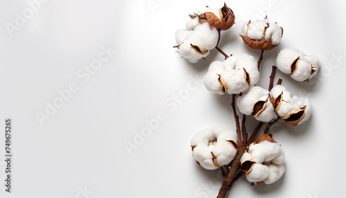Tree branch with cotton flowers on white background, Cotton flowers isolated on white background, top view flat lay beauty floral concept copy space