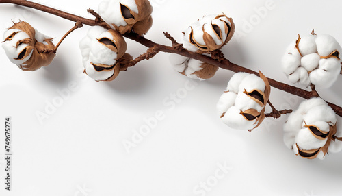 Tree branch with cotton flowers on white background, Cotton flowers isolated on white background, top view flat lay beauty floral concept copy space