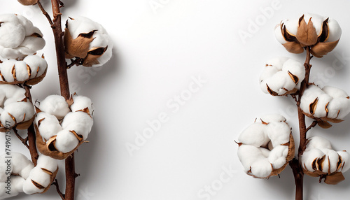 Tree branch with cotton flowers on white background, Cotton flowers isolated on white background, top view flat lay beauty floral concept copy space