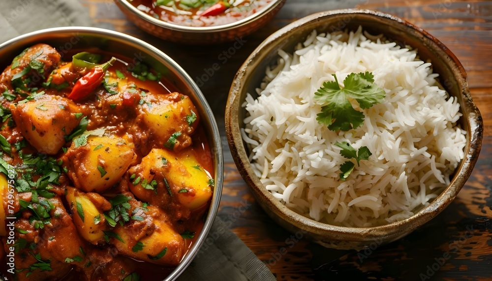 Chicken pathia curry with rice and Bombay aloo Chicken pathia curry with rice and Bombay aloo