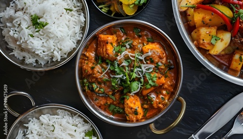 Chicken pathia curry with rice and Bombay aloo