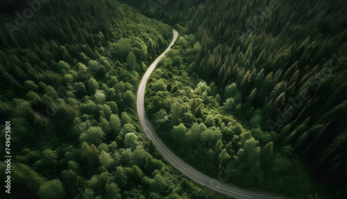 winding road through a lush forest from an aerial perspective
