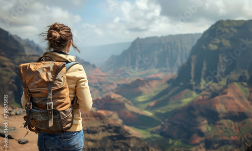Woman with backpack gazes at sunset over mountainous canyon.
