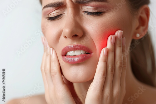 Young woman experiencing toothache  gently holding her face in discomfort and worry