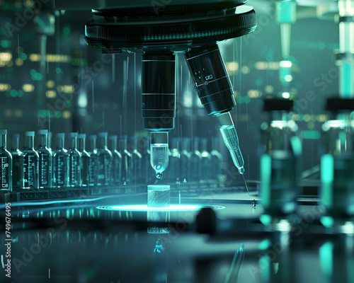 A biology lab scene with a focus on a pipette analyzing a sample representing advancements in microbiology and pharmaceutical research The setting is futuristic and precise with no people em