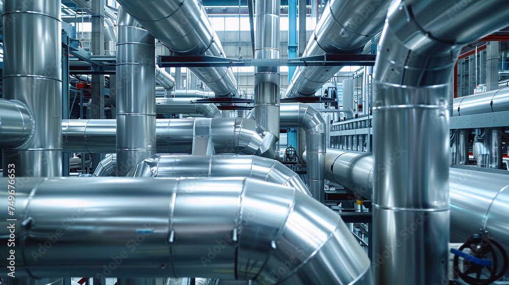 A maze of interconnected stainless steel pipes in an industrial warehouse showcasing complex engineering A maze of interconnected stainless steel pipes in an industrial warehouse showcasing complex engineering