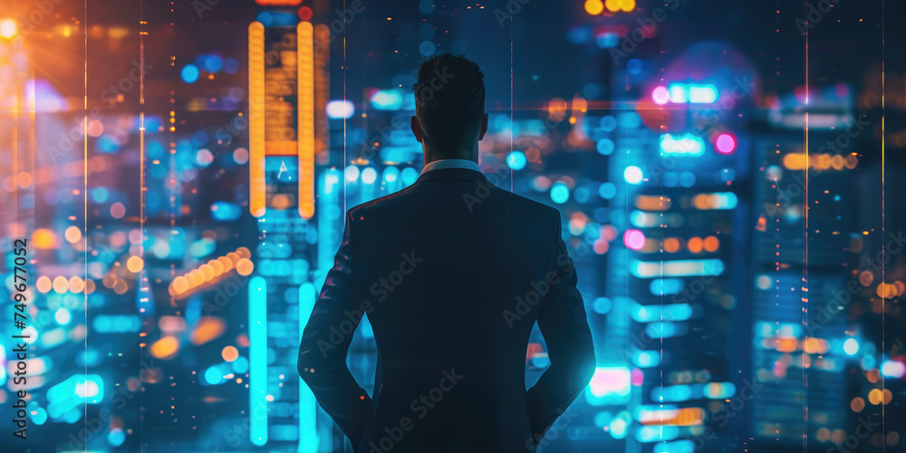 Businessman looking at futuristic technology and digital connectivity in a dynamic urban setting Businessman looking at futuristic technology and digital connectivity in a dynamic urban setting