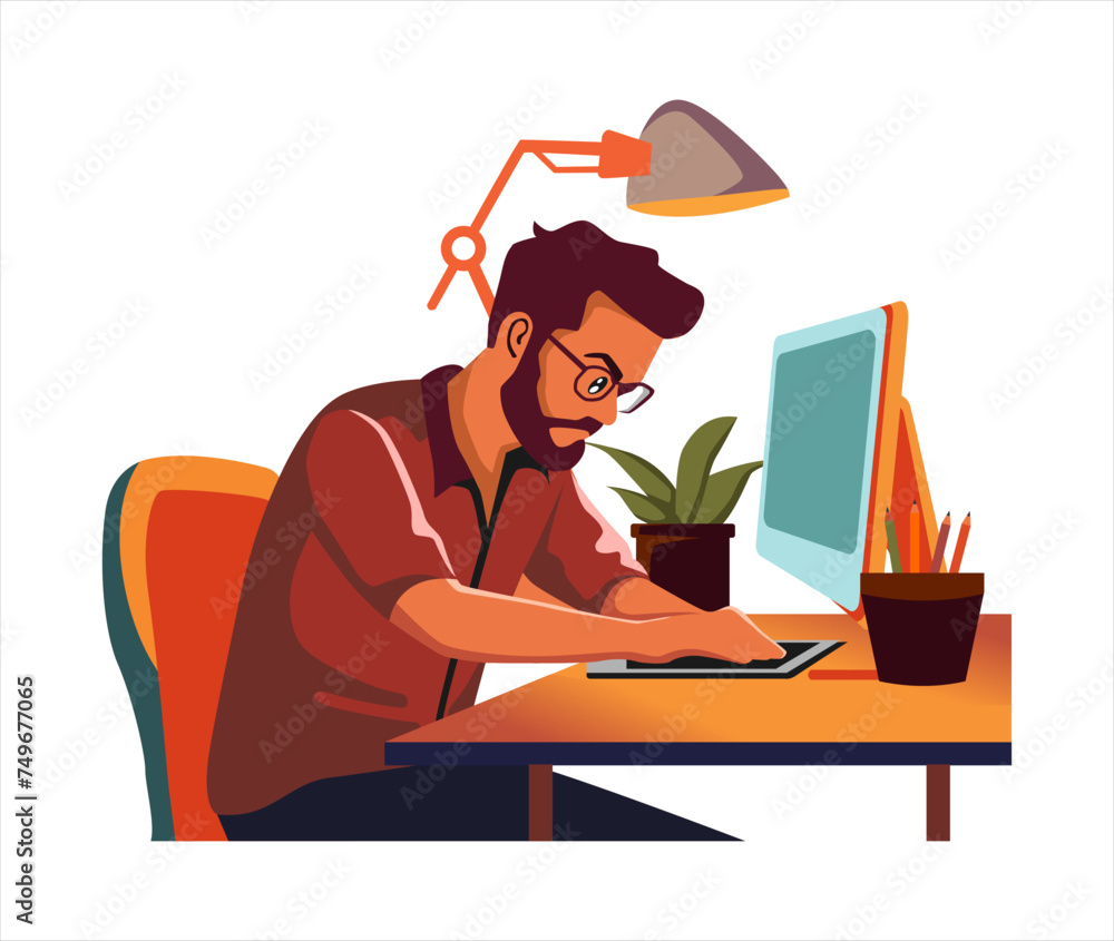 vector illustration of a man happy working in front of a computer isolated on white background flat design	
