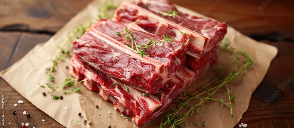 A mound of fresh, uncooked meat, likely beef, is heaped on top of a sheet of paper. The paper appears to be a simple backdrop for the raw meat, highlighting its texture and color. A mound of fresh, uncooked meat, likely beef, is heaped on top of a sheet of paper. The paper appears to be a simple backdrop for the raw meat, highlighting its texture and color.