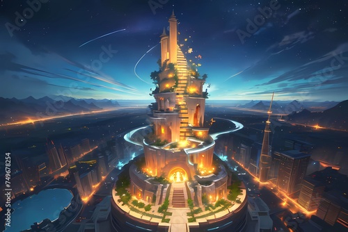 夜のPRGゲーム背景風伝説の古代文明神殿塔遺跡