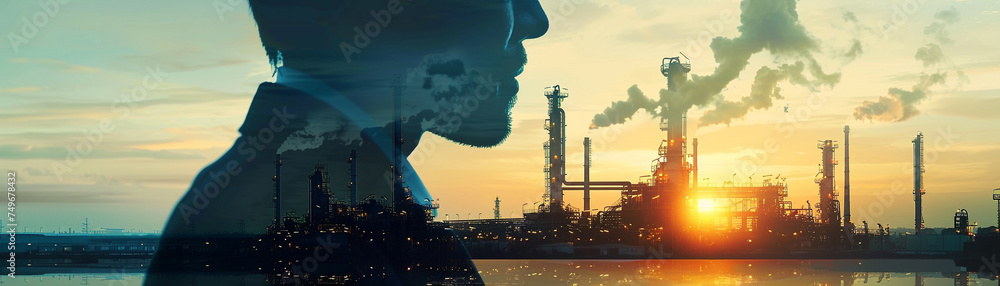 Silhouette of an oil industry businessman with a double exposure of refining towers representing energy power