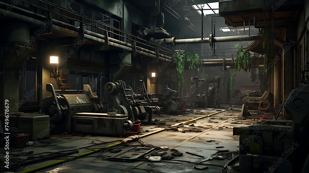 A gym interior with a post-apocalyptic theme, featuring industrial equipment and dystopian decor.